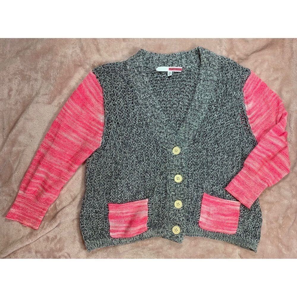 Tracy Reese Knit Cardigan Hot Pink Grey Loose Knit Sweater Open Front Womens L